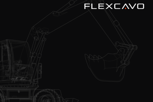 Logo von Flexcavo auf dunklem Untergrund und schemenhaftem Bagger.